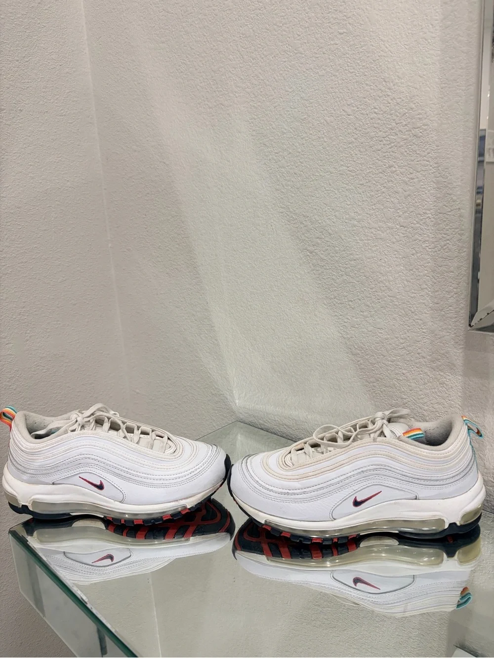 Nike White Air Max 97 with Burgundy Swoosh and Rainbow Heel Tabs